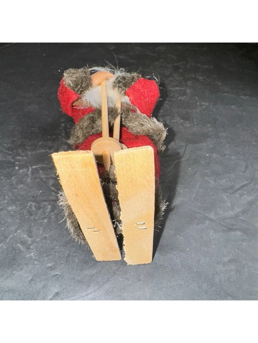 Vtg Santa Claus Skiing Figurine 7” Wooden Skis & Poles Faux Fur Trim Christmas
